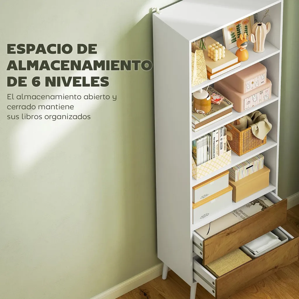 Meuble Bibliothèque Gain de Place 60 cm de Large avec Tiroirs Blanc - 4