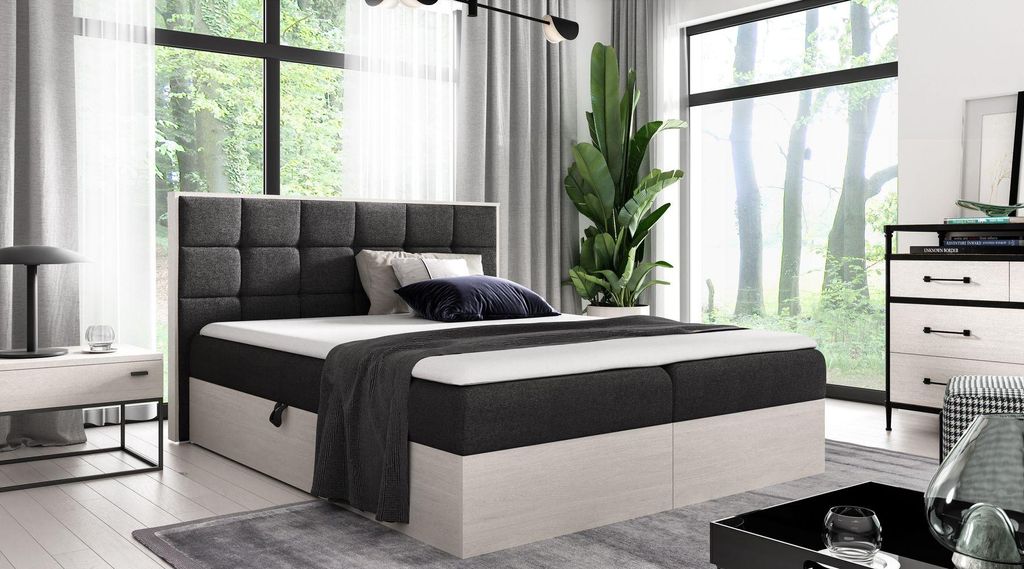 Kontinentales Bett 200x200 CHANTELLE 1 - nordisches Teakholz / Graphit + GRATIS Matratzenauflage