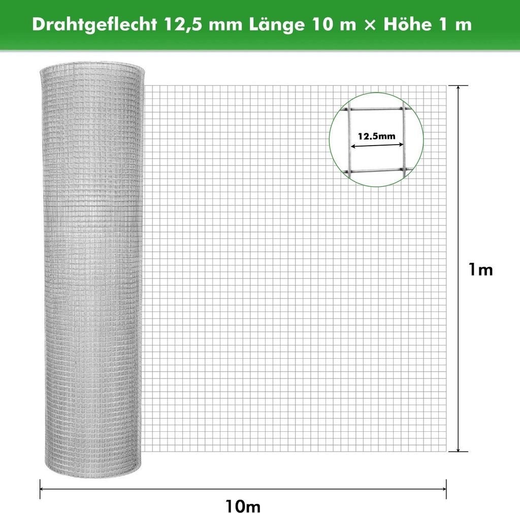 Zaun Drahtgeflecht für Landwirtschaft - Metall Maschendrahtrolle - Geflügelzaun Hühnerzaun - Gartenschutz - Tiergehege - 10 m x 1 m