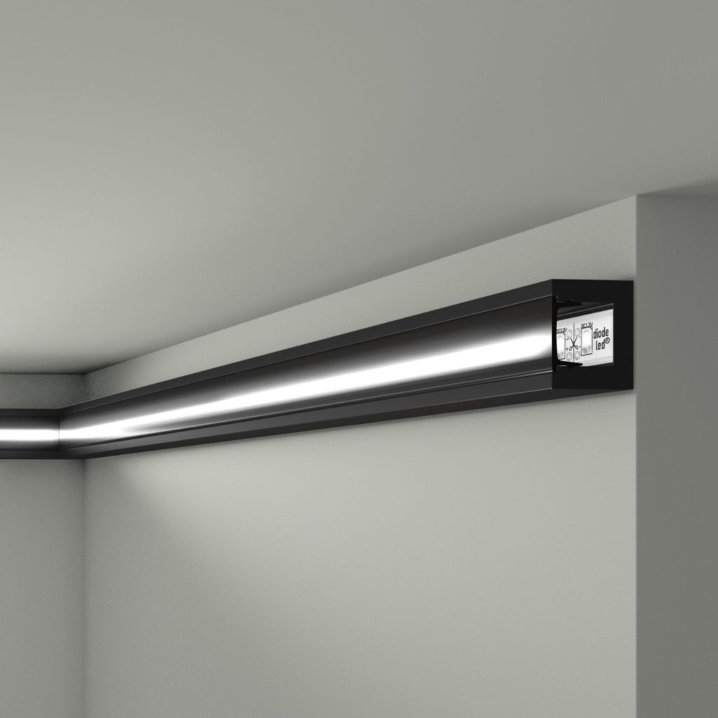 A black LED light strip installed along the corner of a ceiling and wall.