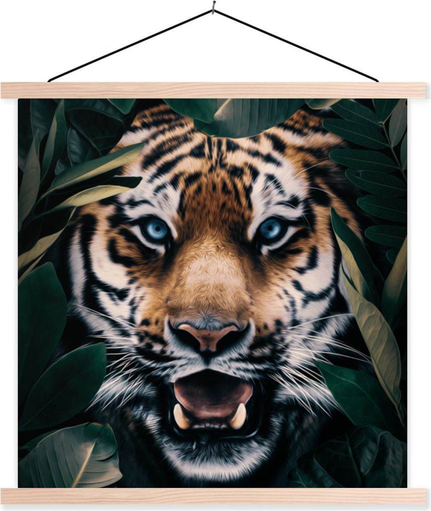MuchoWow Textilposter Tiger - Blatt - Tiere 40x40 cm mit holzfarbenen Rahmen - Posterleiste