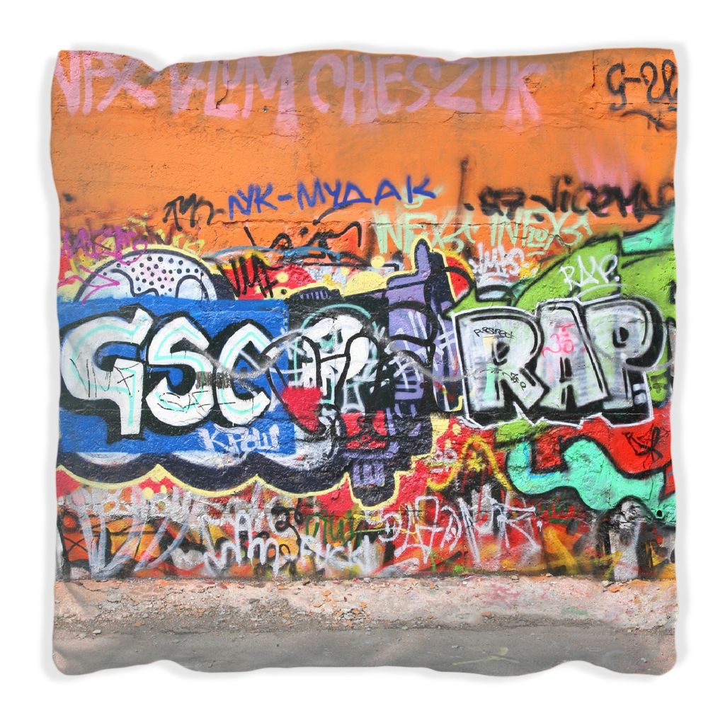Wallario Premium Kissen, weiche Oberfläche, mit Motiv RAP-Graffiti- Wand mit verschiedenen Tags, Größe: 40 x 40 cm, mit weißer Rückseite