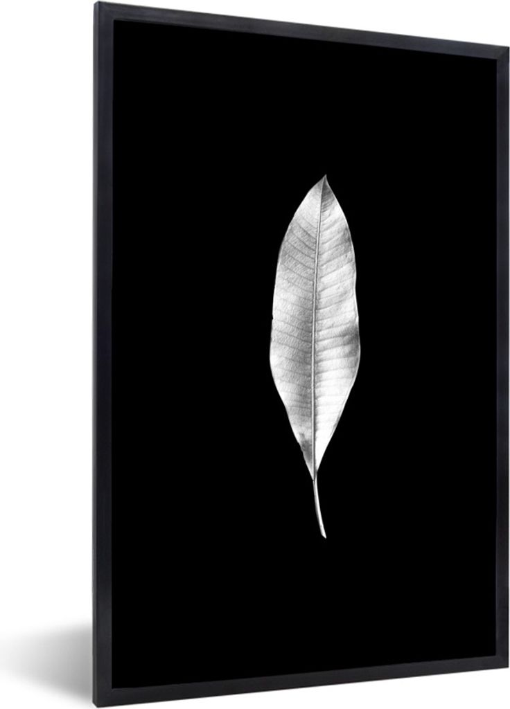 MuchoWow Gerahmtes Poster Längliches Blatt auf schwarzem Hintergrund - schwarz und weiß 20x30 cm - Poster mit Schwarzem Bilderrahmen Wandposter...