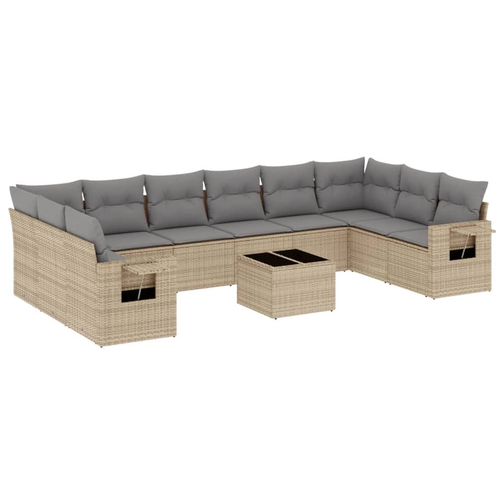 11-tlg. Garten-Sofagarnitur mit Kissen Beige Poly Rattan Produktbild 