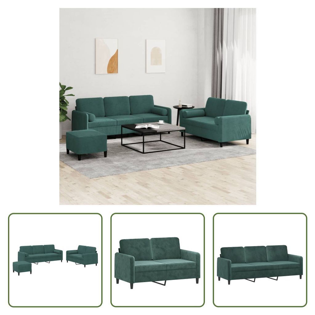 The Living Store 3-tlg. Sofagarnitur mit Kissen Dunkelgrün Samt