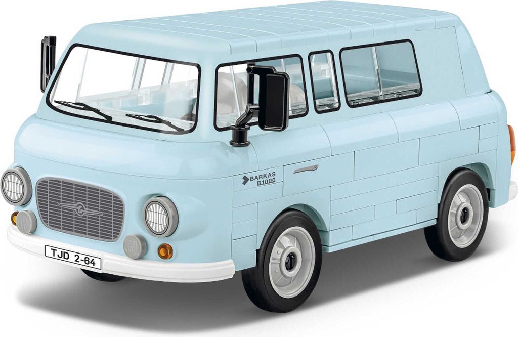 A light blue toy van is shown from a three-quarter front angle against a white background.