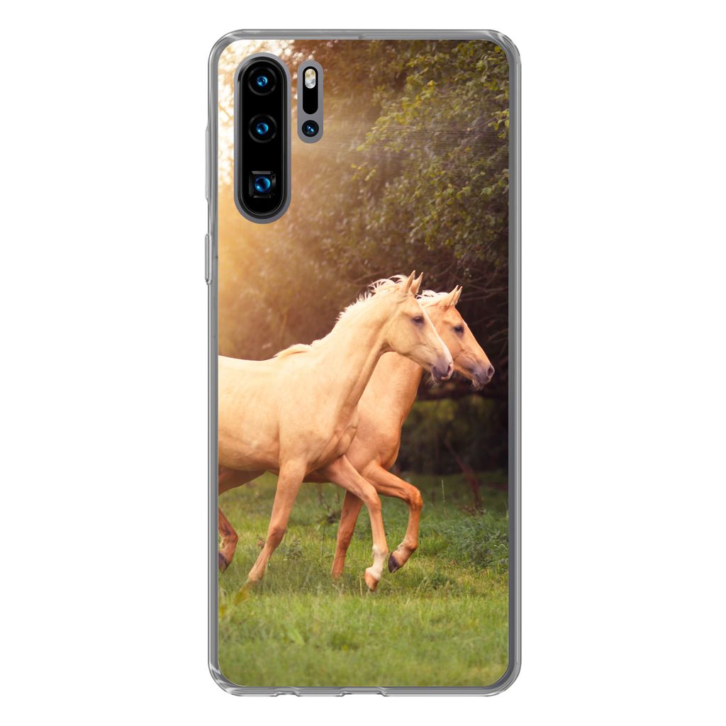 MuchoWow Handyhülle Schutzhülle Hülle für Huawei P30 Pro Pferde - Wald - Sonne Silikon Softcase Handy Hülle - Schutzdeckel