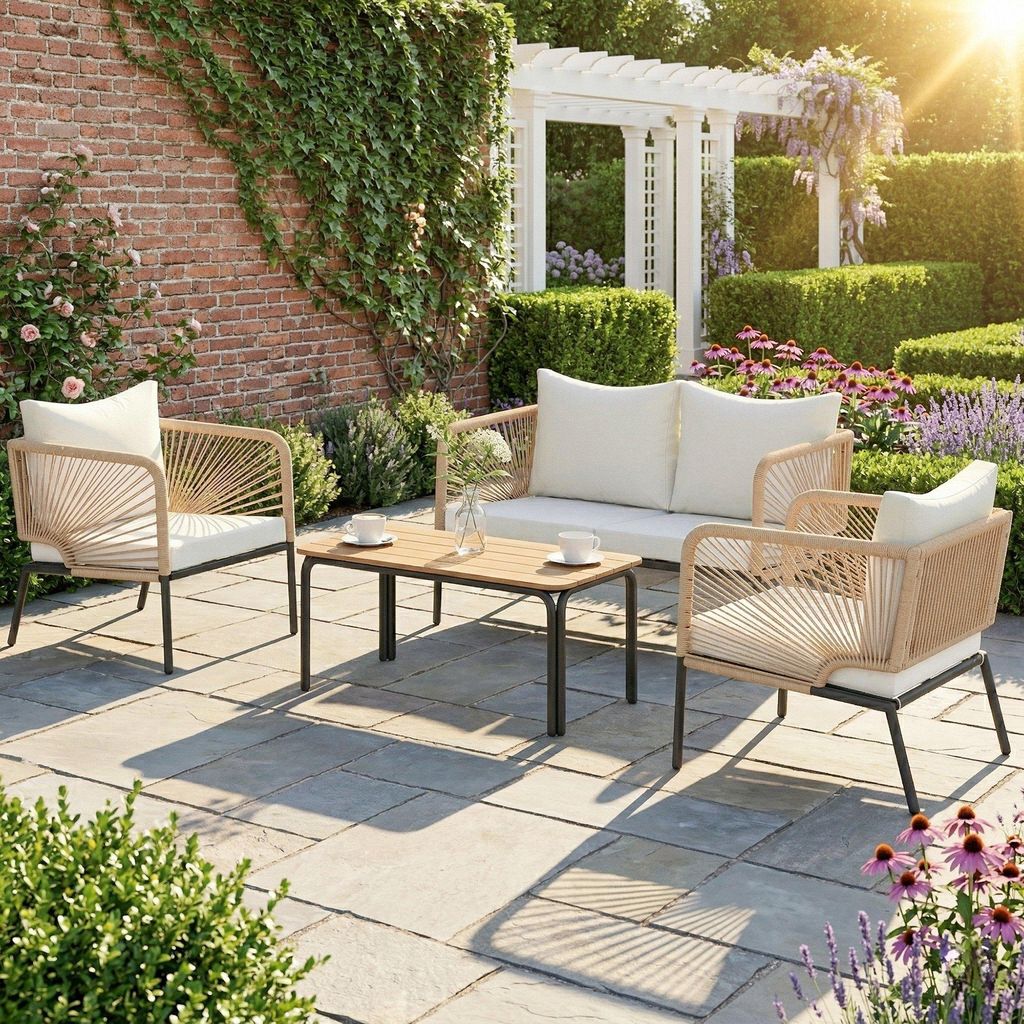 Gartenmöbel Set 4 Personen, Gartenlounge Sitzgruppe, PE-Rattan Seilgeflecht, Weiß | 2er Sofa + 2 Sessel + Lamell-Tisch | waschbare Kissen