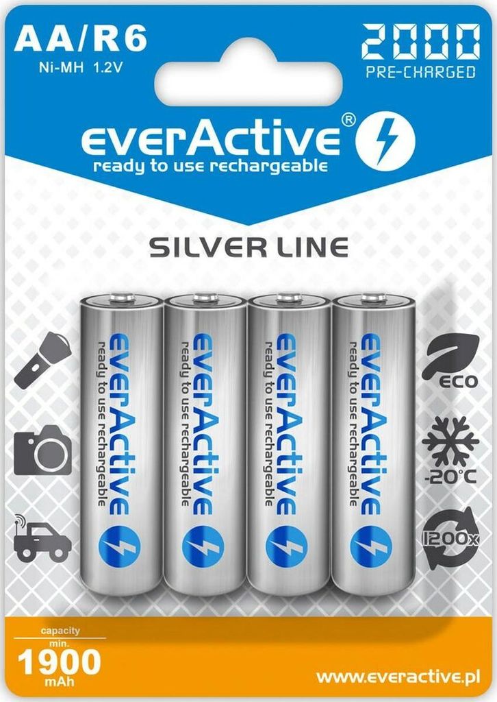 A blister pack of four AA rechargeable batteries.