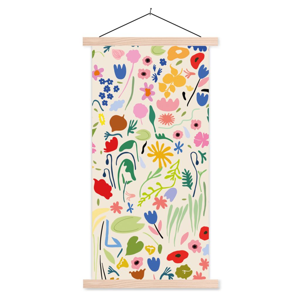 MuchoWow Textilposter Blumen - Muster - Pflanzen 40x80 cm mit holzfarbenen Rahmen - Wohnzimmer