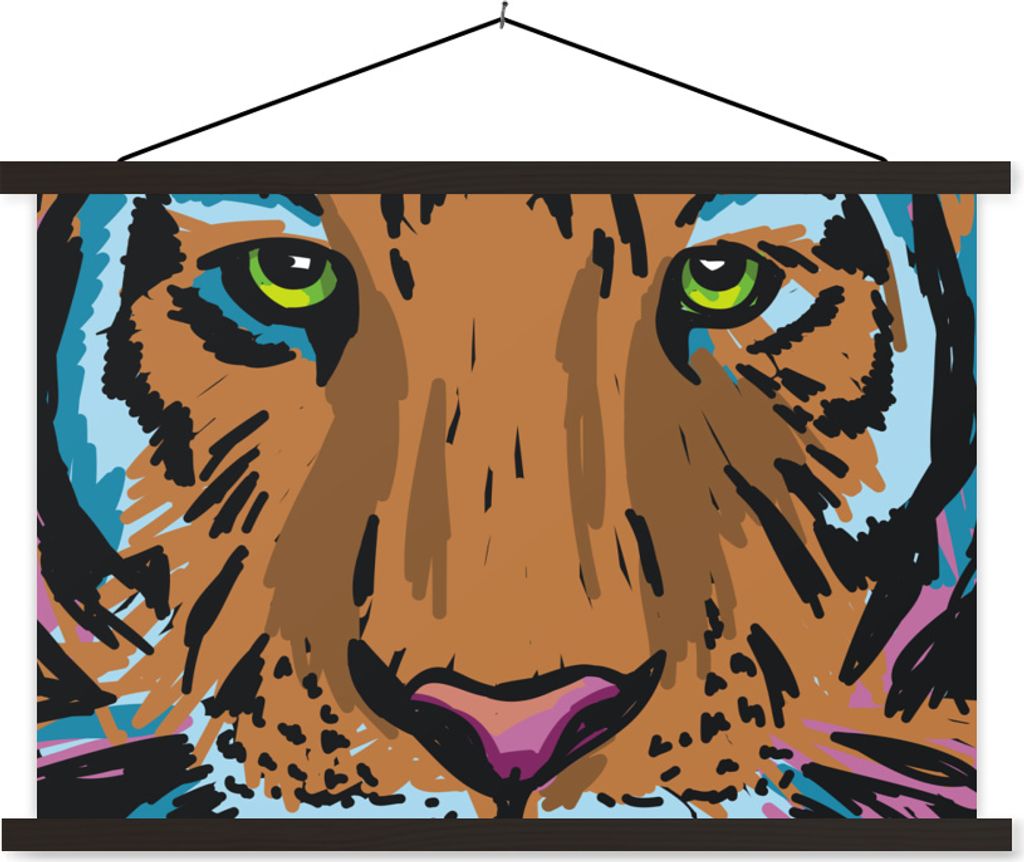 MuchoWow Textilposter Tiger - Kopf - Gemälde 90x60 cm mit schwarzem Rahmen - Aufhängungssatz