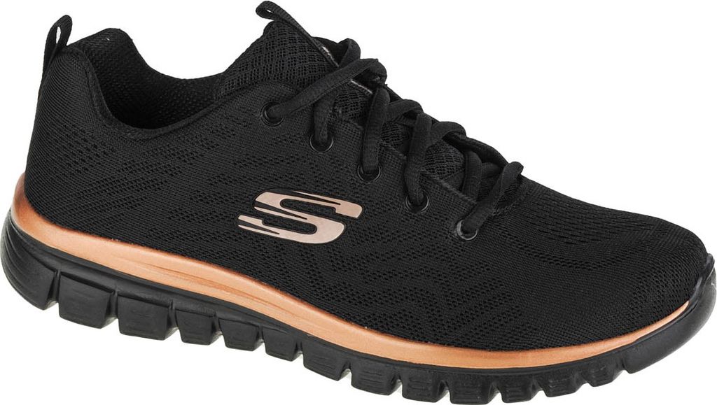 A black and rose gold Skechers sneaker is shown from the side against a white background.