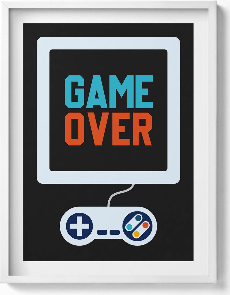 Beschriftung für einen Spieler „Game over“– Wandbild mit Rahmen – Gerahmtes Bild – Wanddekoration – 60x80 cm – Weiß Rahmen