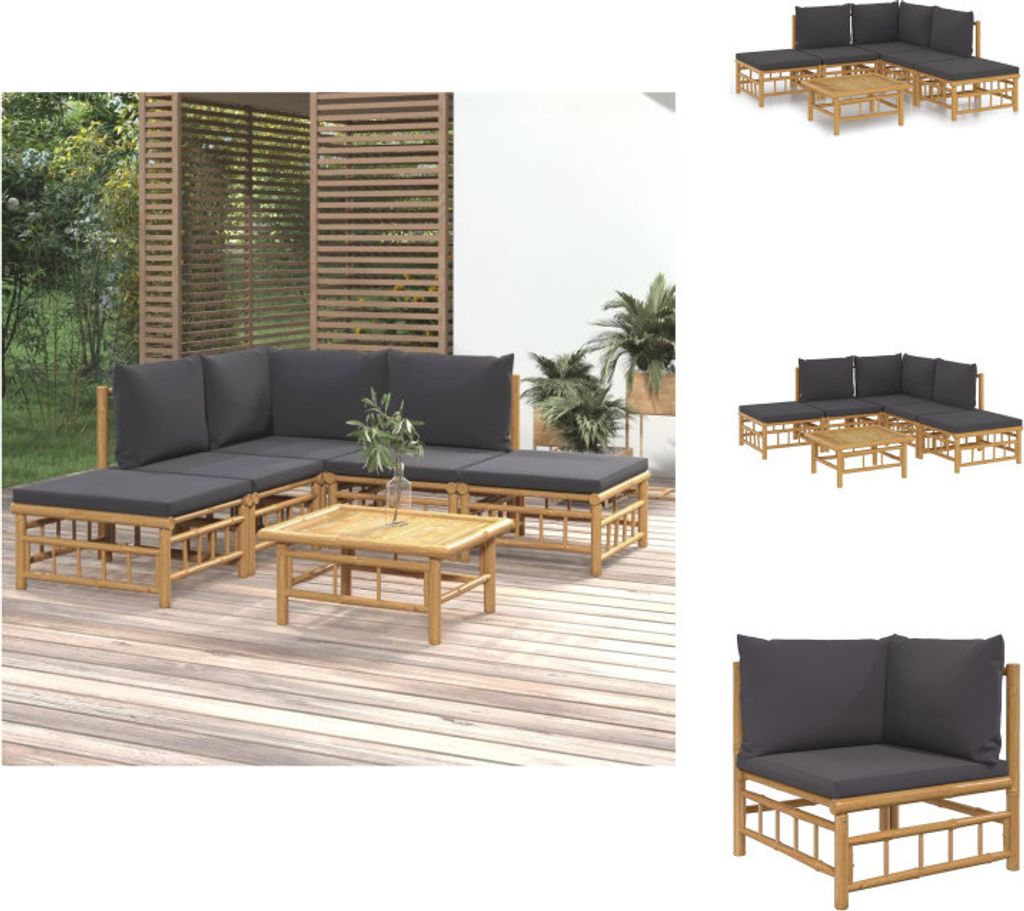 vidaXL 6-tlg. Garten-Lounge-Set mit Dunkelgrauen Kissen Bambus - Gartenmöbel-Sets
