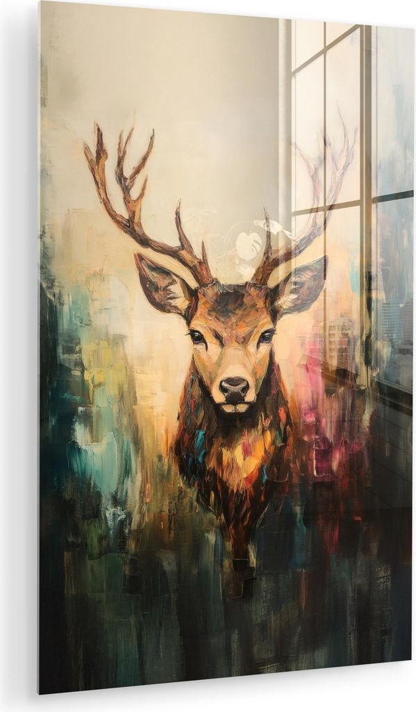 MuchoWow Glasbilder - Bilder auf Wandbild - Foto auf Glas Hirsch - Gemalt - Geweih - Braun 80x120 cm Wanddekoration aus Glas - Acrylglasbild - Acry...