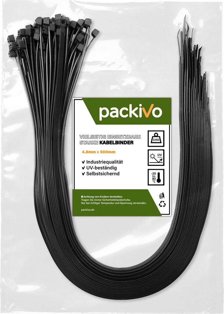 PACKIVO Profi Kabelbinder 4,8 x 500mm schwarz extra starke lange Kabelbinder Industriequalität UV Beständig Zugfestigkeit 22Kg für Kabelmanageme...