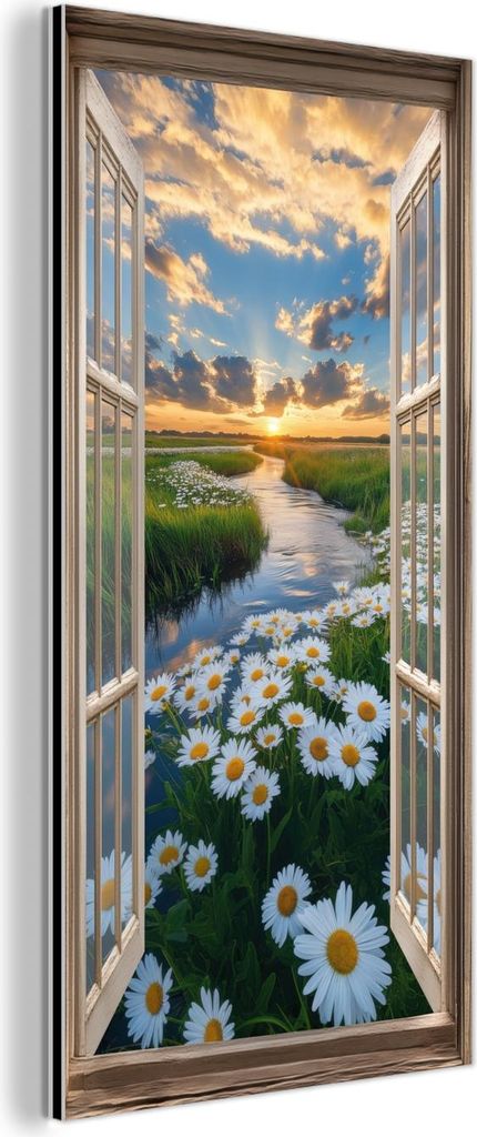 MuchoWow Wanddekoration Metall Metallbild Wandkunst 40x80 cm Aussicht - Landschaft - Fenster - Wasser - Sonnenuntergang MuchoWow Aluminium Gemälde...
