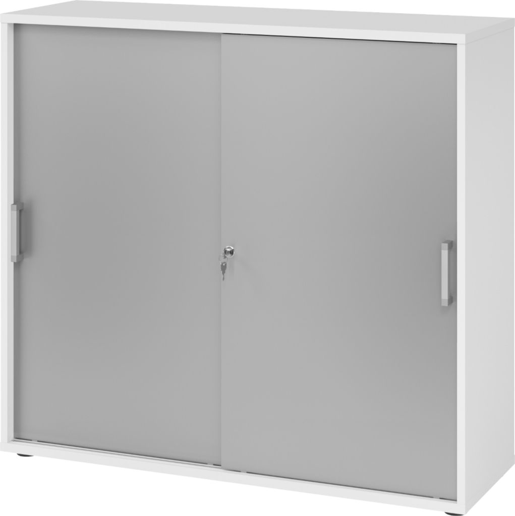 bümö Schiebetürenschrank office - 3 Ordnerhöhen - Nachbildung: Weiß/Silber, Griff: Chromgriff (Metall)