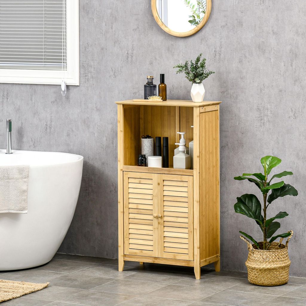 Badezimmerschrank Badschrank Standregal mit 2 Lamellentüren, offenem Regal, Bambus, Aufbewahrungsschrank Schrank für Badezimmer
