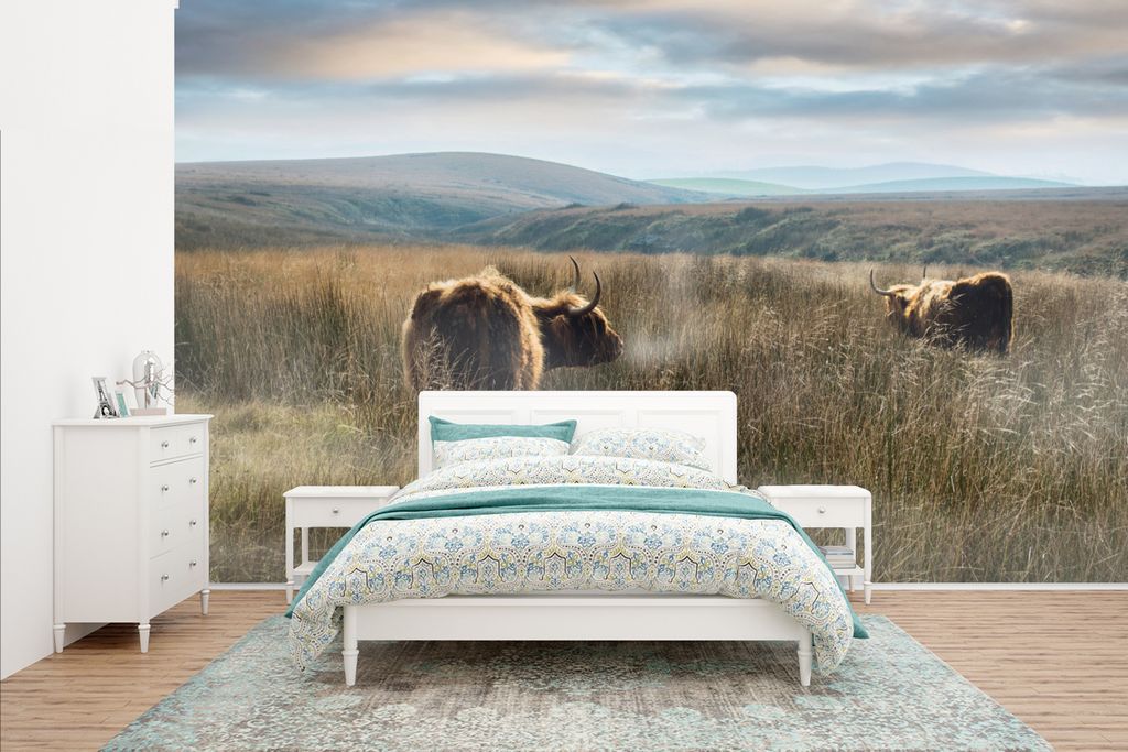 MuchoWow Fototapete für Wohnzimmer oder Schlafzimmer Wandtapete Vinyl Motivtapete Schottische Highlander - Nebel - Gras - 400x240 cm - Gemustert