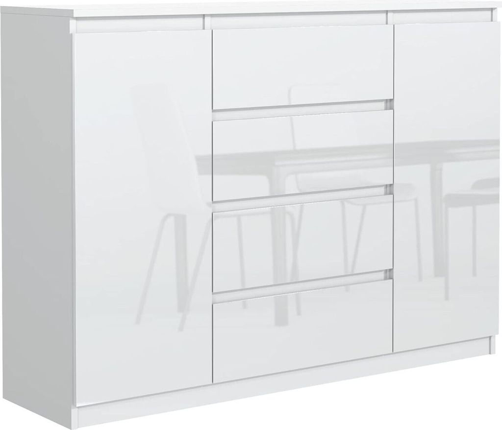 meble masztalerz Kommode Weiß Hochglanz 4 Schubladen 2 Türen 140 cm - Sideboard für Wohnzimmer
