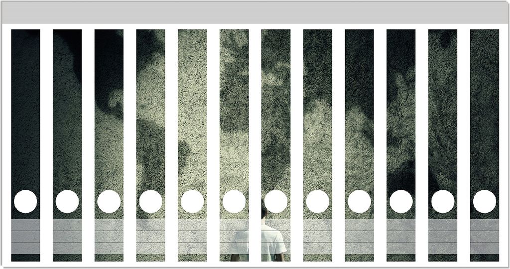 Wallario Ordnerrücken Sticker, selbstklebend für schmale Ordner, 12 Stück, Motiv Kleiner Junge vor Weltkarte an grauer Beton-Wand