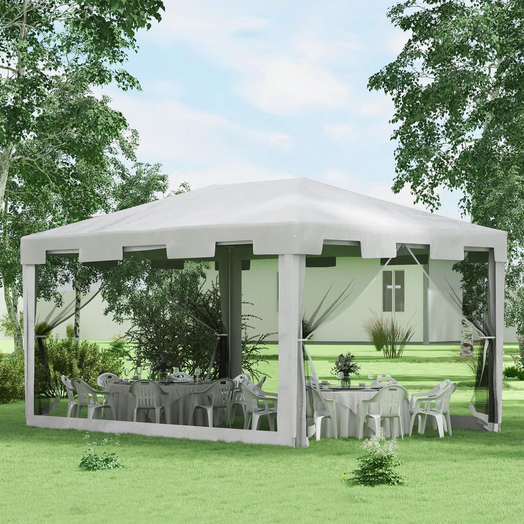 Pavillon 4x3m – Partyzelt & Gartenpavillon mit Netz-Seitenwänden, Festzelt aus Metall & PE, für Balkon & Terrasse, Weiß