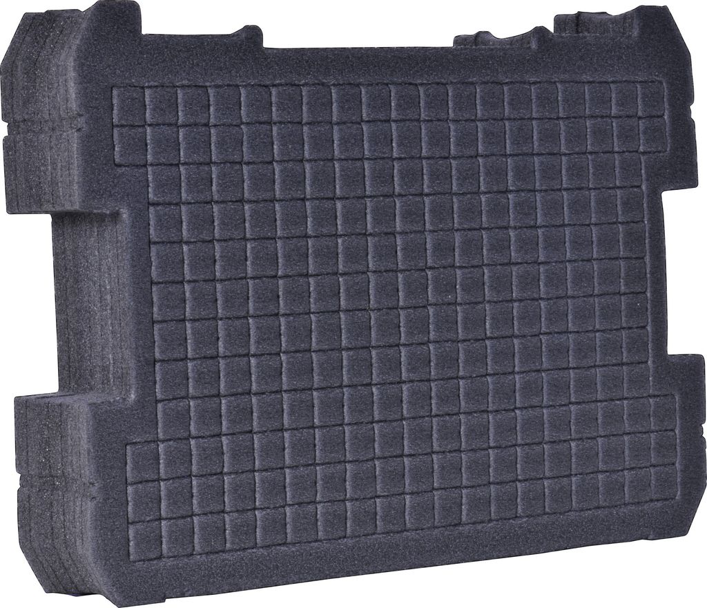 A dark gray foam insert with a grid pattern, designed to fit inside a storage box.