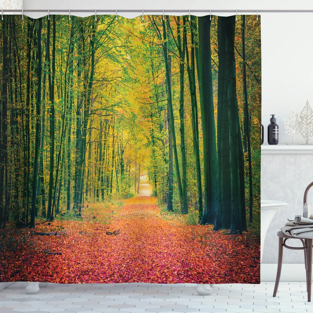 ABAKUHAUS Tenda da doccia Wald, Caldo autunno Strada drammatica, Alta qualità con set di 12 ganci Facile da pulire Colori resistenti Resistente all'acqua e ai batteri, 175 x 180 cm, Verde