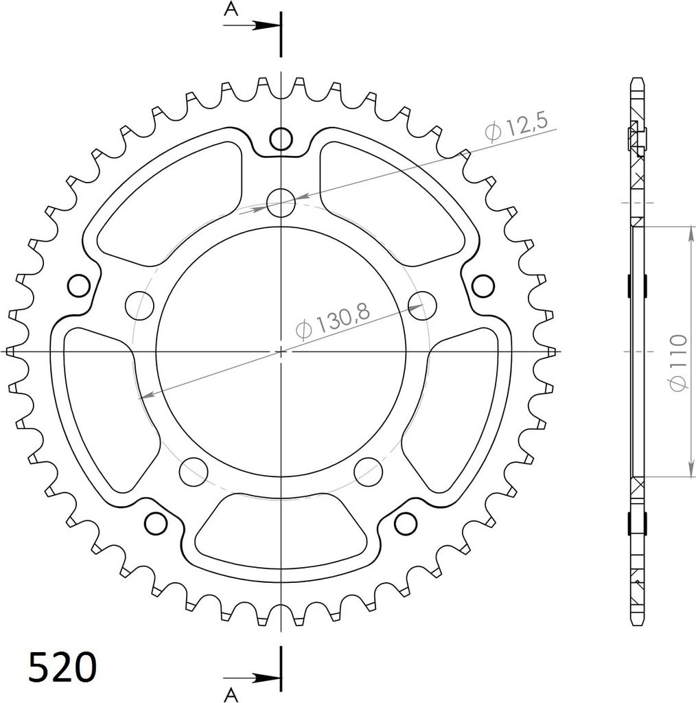 Stealth-Kettenrad Supersprox 520 - 46Z (schwarz) RST-7_520:46-BLK|ID 110,0 LK 130,8 5-Loch