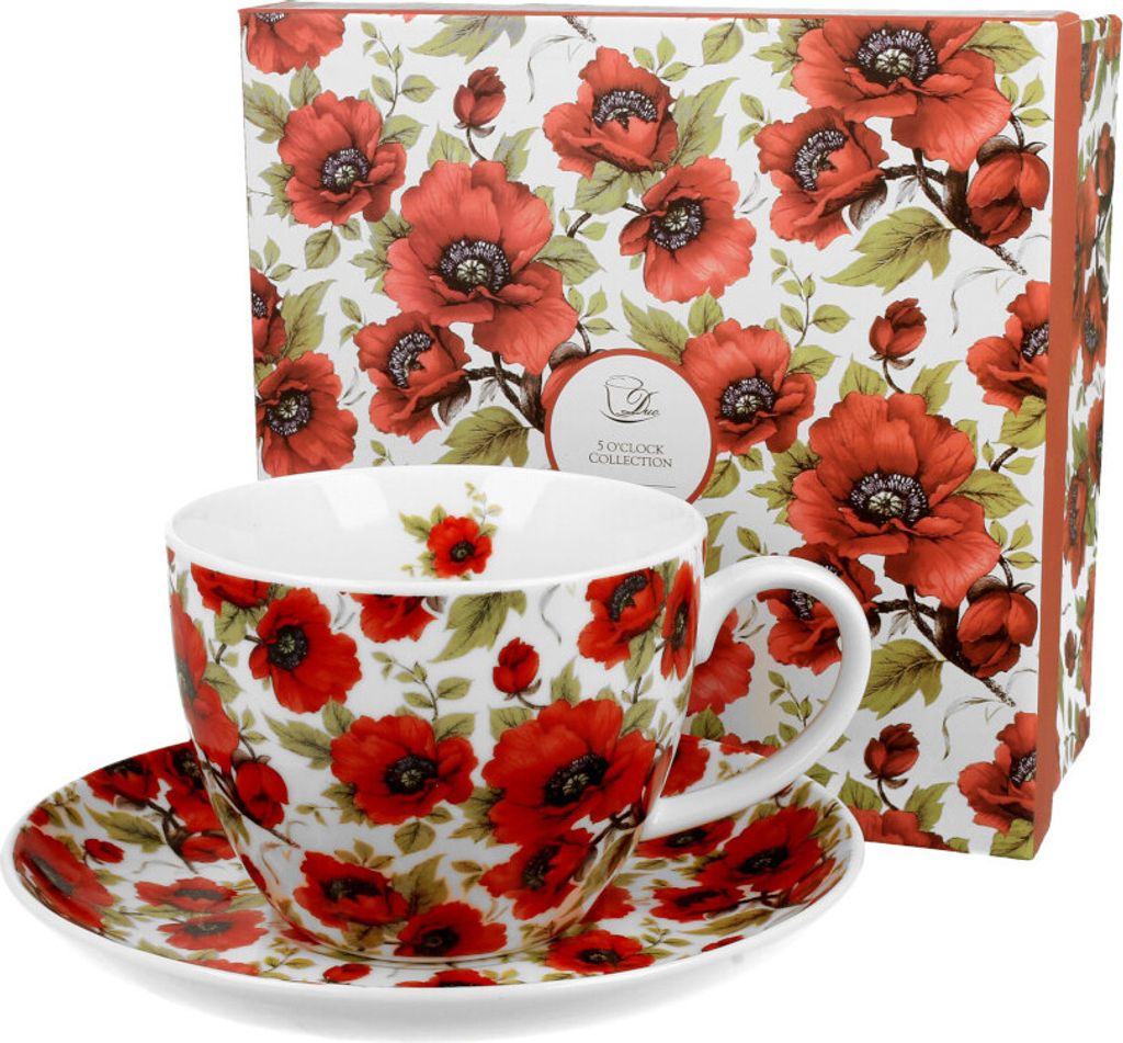DUO FLORAL Jumbobecher 470 ml LINA mit Untertasse, New Bone China Porzellan