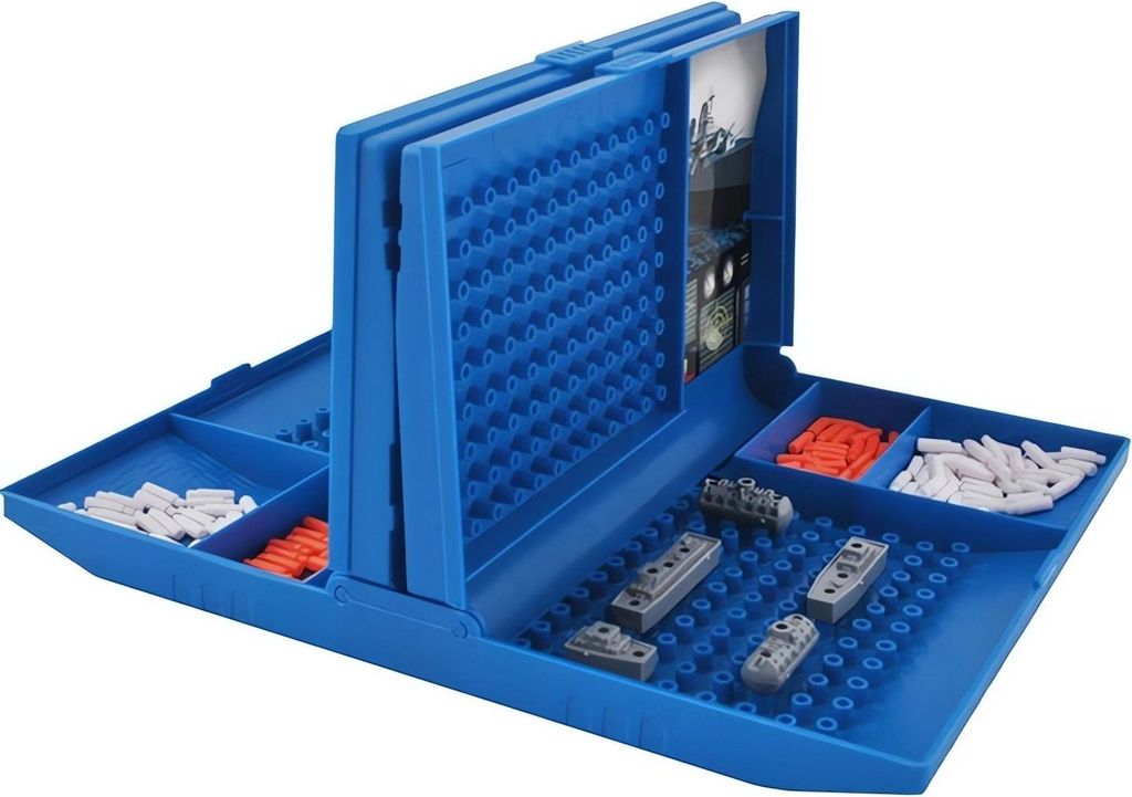 A blue Battleship board game with ships and pegs.