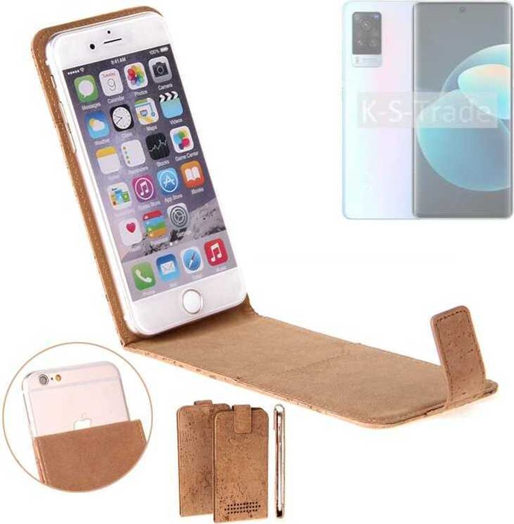 K-S-Trade Handyhülle kompatibel mit Vivo X60 Pro Kork Hülle Flipstyle Case Schutzhülle Kork Case Hülle Flip cover Klapphülle Klapp, braun 1x