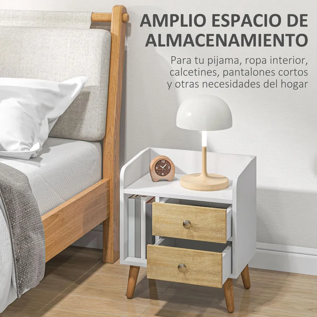 Table de nuit compacte pour petite chambre blanche 2 tiroirs et étagère