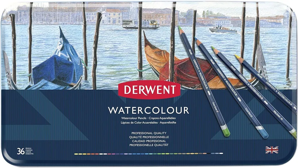 Set de 36 crayons aquarellables Derwent pour techniques mixtes et lavis d'art