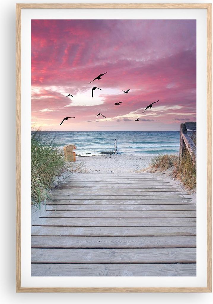 Gerahmtes Poster - Rahmen in heller Eiche - Strand Sand Vögel - 61x91,5 cm - Wand Bild - Wanddeko - Wandbilder - Kunstposter - Wandposter - Bilder...