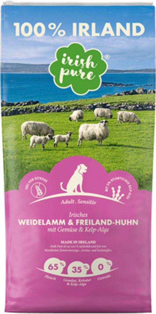 A bag of dog food with a scenic Irish landscape and sheep on the front.