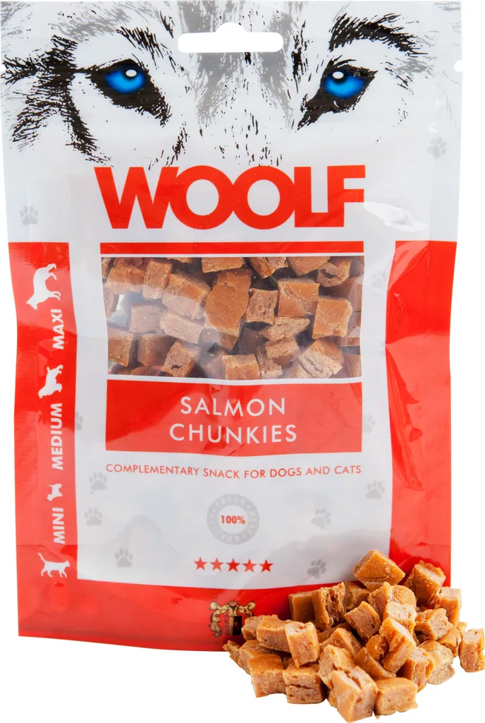 WOOLF Saumon Chunkies 100g - Friandises Naturelles Premium pour Chien