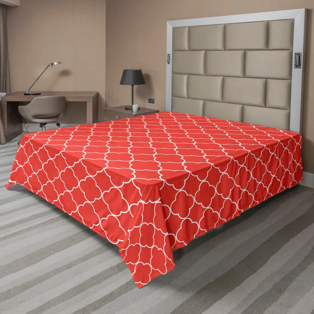 Drap plat ABAKUHAUS Quatrefoil motifs arabesques blanc et rouge 205x244cm