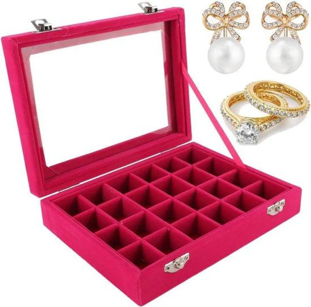 Boîte à Bijoux 24 Compartiments Moelleuse Rouge avec Couvercle Transparent