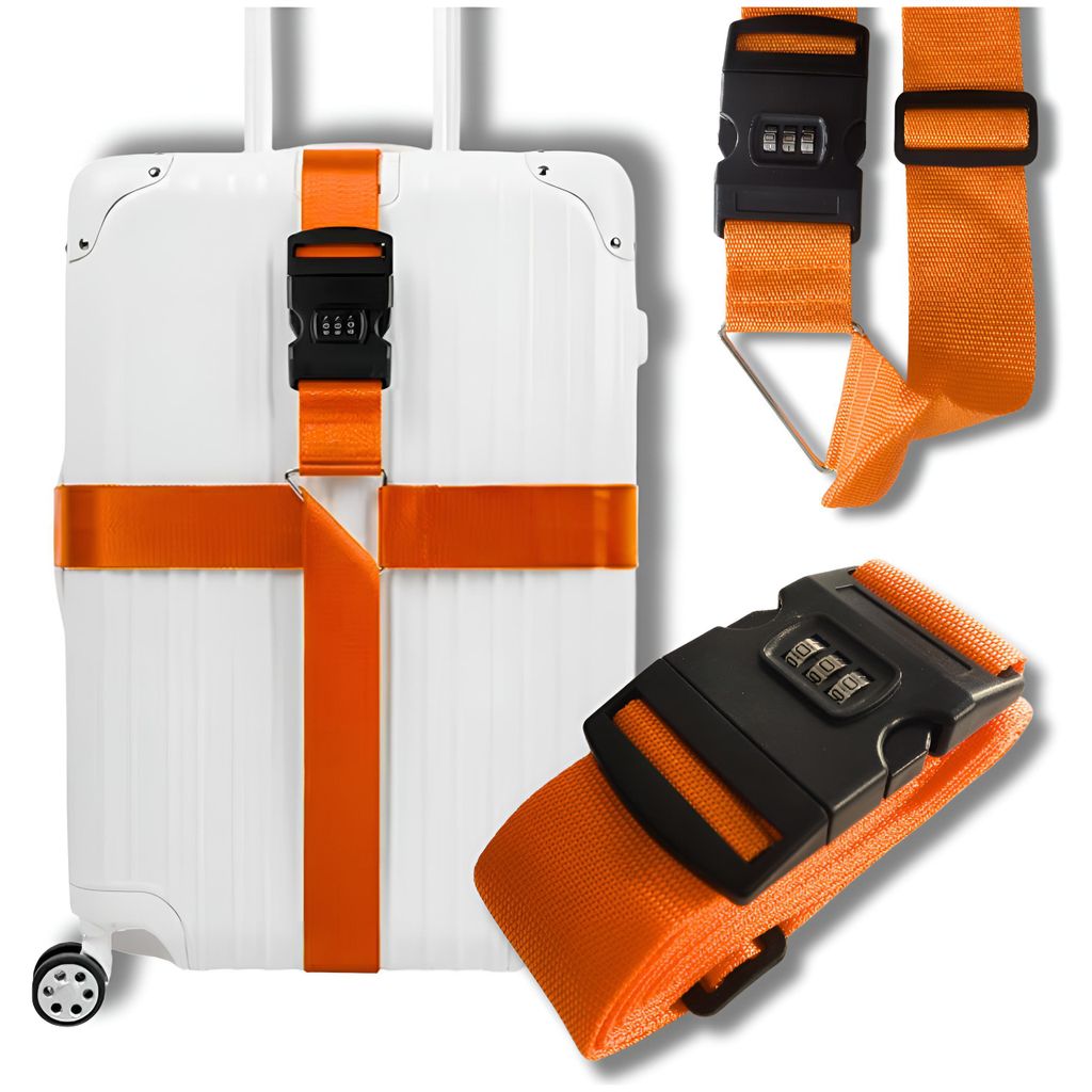 Koffergurt mit Zahlenschloss – Doppeltes Verstellbarer Kofferband zur sicheren Fixierung von Reisetaschen und Koffern Gepäckgurt - Orange