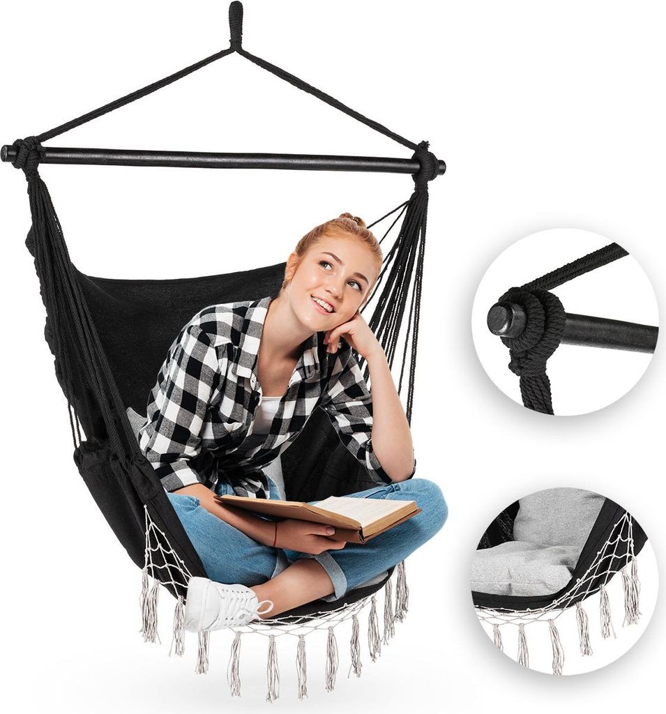Outtec Hängesessel mit 2 Kissen - 100x130x75cm, bis 140 kg - Boho Fransen Sessel, Sitzsack, Schaukel für Outdoor, Garten, Balkon, Zuhause - Sch...