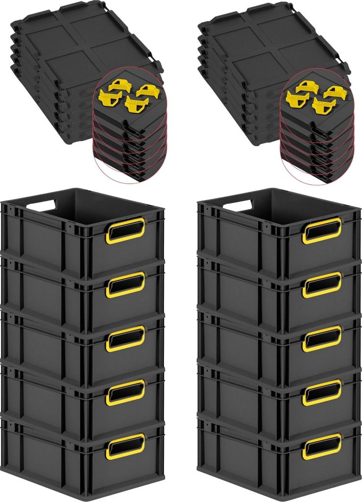 SuperSparSet 10x Eurobox NextGen Color mit Auflagedeckel und Schiebeschnappverschlüsse | HxBxT 17x30x40cm | 16 Liter | Schwarz | Griffe gelb offen...