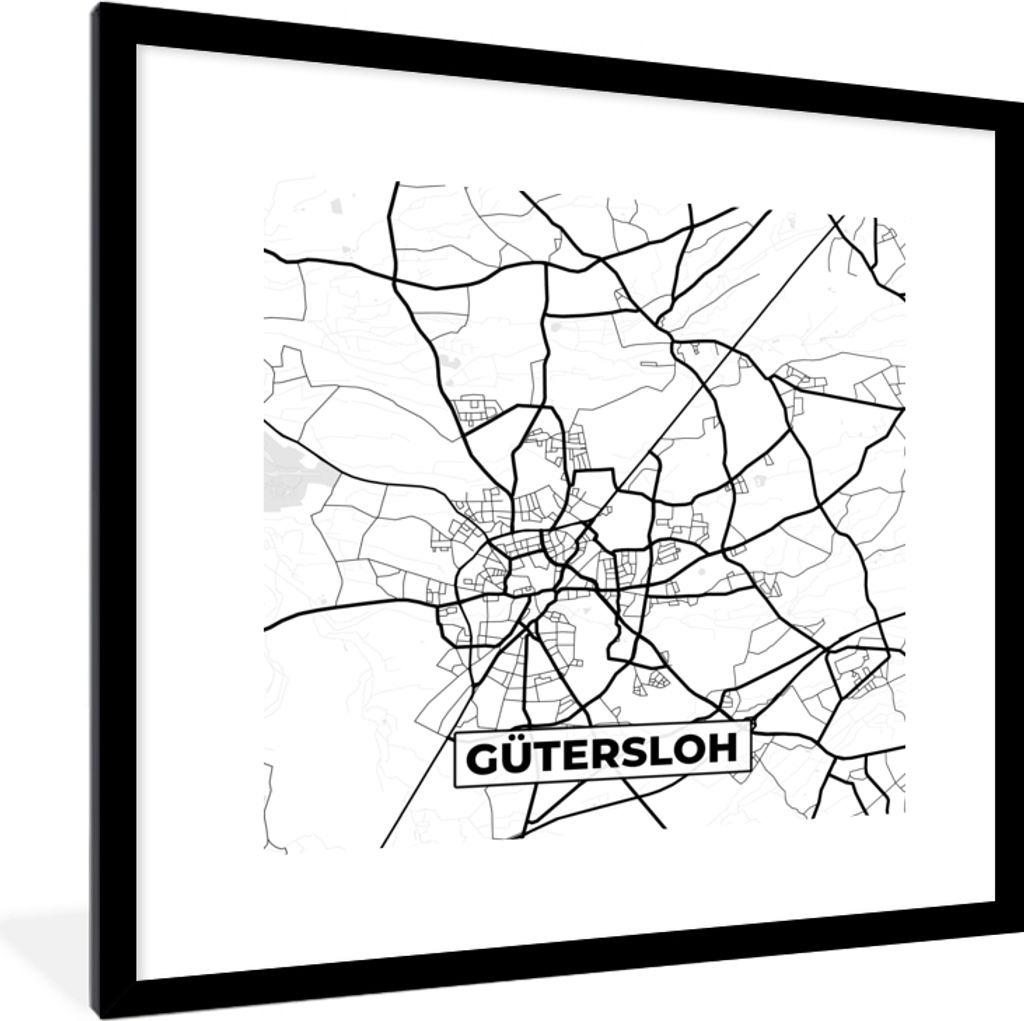 MuchoWow Gerahmtes Poster Gütersloh - Karte - Stadtplan 40x40 cm - Poster mit Schwarzem Bilderrahmen Wandposter Rahmen Foto Bilder - Poster - Pl...
