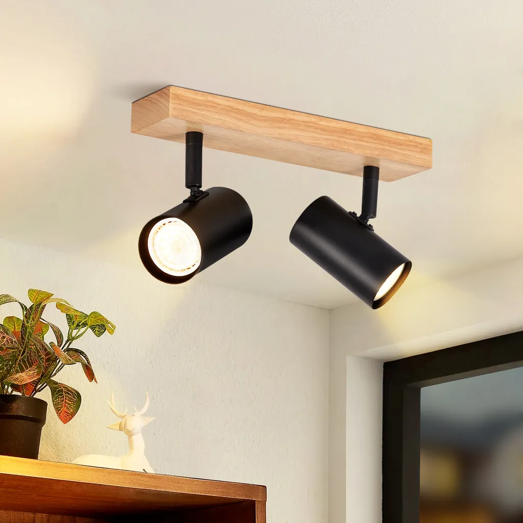 Faretto da Soffitto Orientabile ZMH: 2 Luci GU10 Nero Opaco e Legno