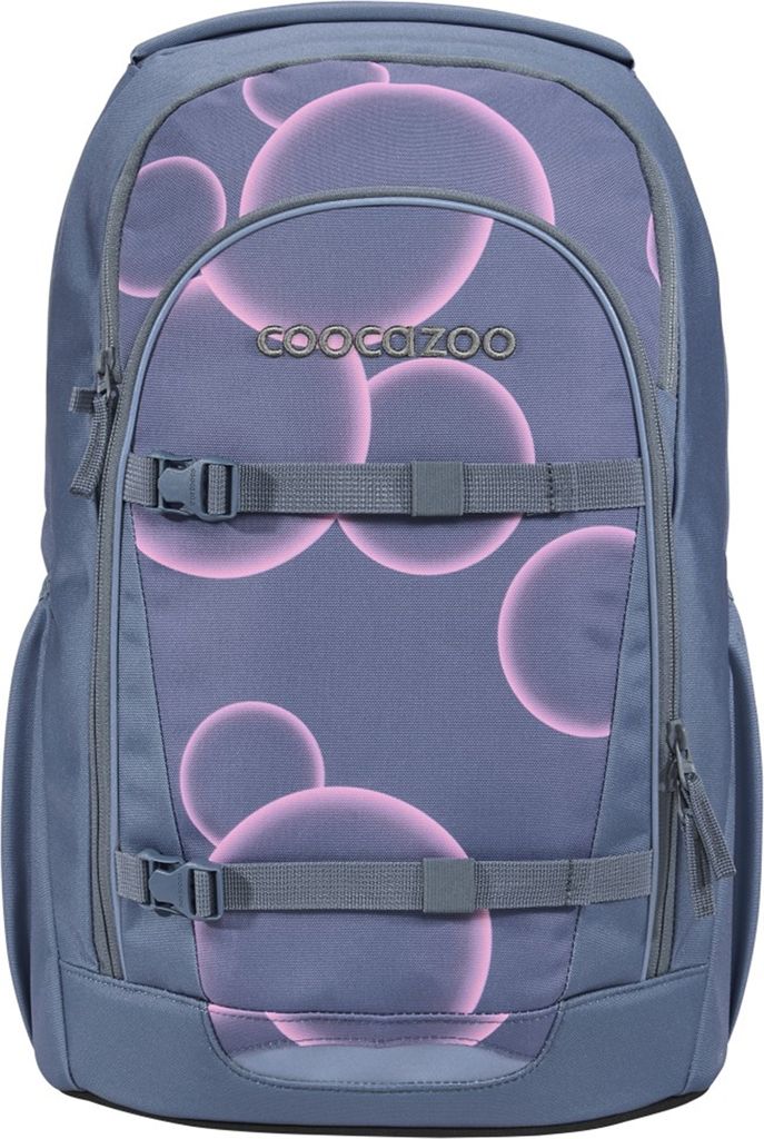 A front view of a gray backpack with a pink bubble pattern.
