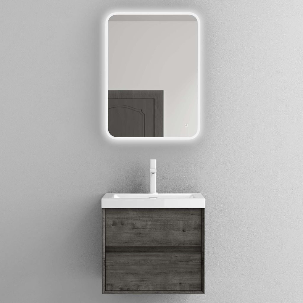 Mai & Mai Badmöbelset Badezimmermöbel Waschbeckenunterschrank 2 Schubladen mit Soft-Close inkl. Waschbecken und LED-Badspiegel Grau-braun 60 cm Rimo