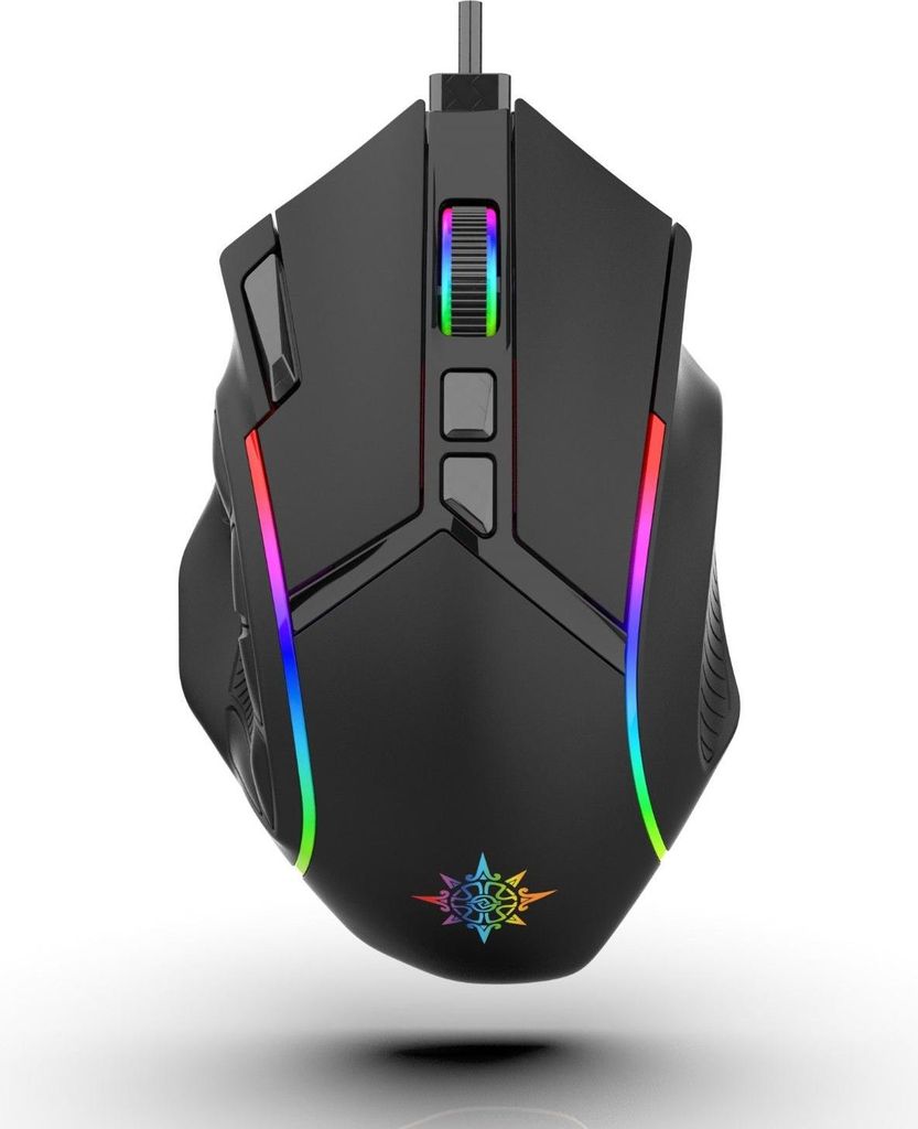 A top-down view of a black gaming mouse with RGB lighting.