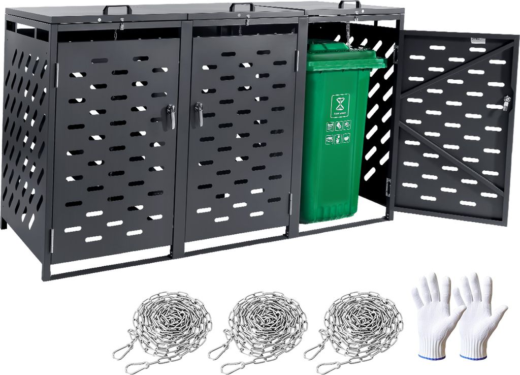 A three-bin outdoor trash enclosure with a green trash bin inside one compartment, along with chains and gloves.