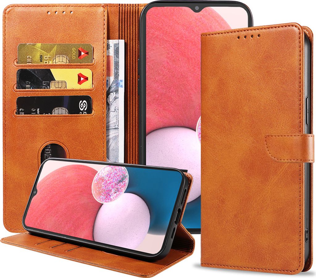 Geschikt voor Samsung Galaxy A13 4G Telefoonhoesje Kunstleer met Magnetisch lipje en Pasjeshouder Book Case met Klepje - Bruin - Smartphonica